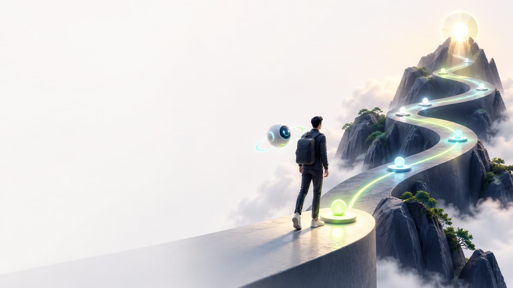 A person walks along a glowing path to a mountain summit, with a robot helper flying alongside