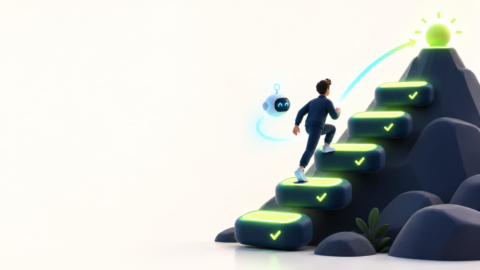 Glowing steps with markers lead to a summit, and a person is climbing them